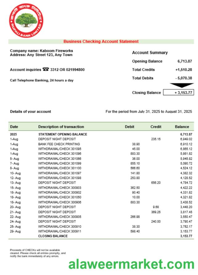 Rupali company checking account statement Word and PDF template